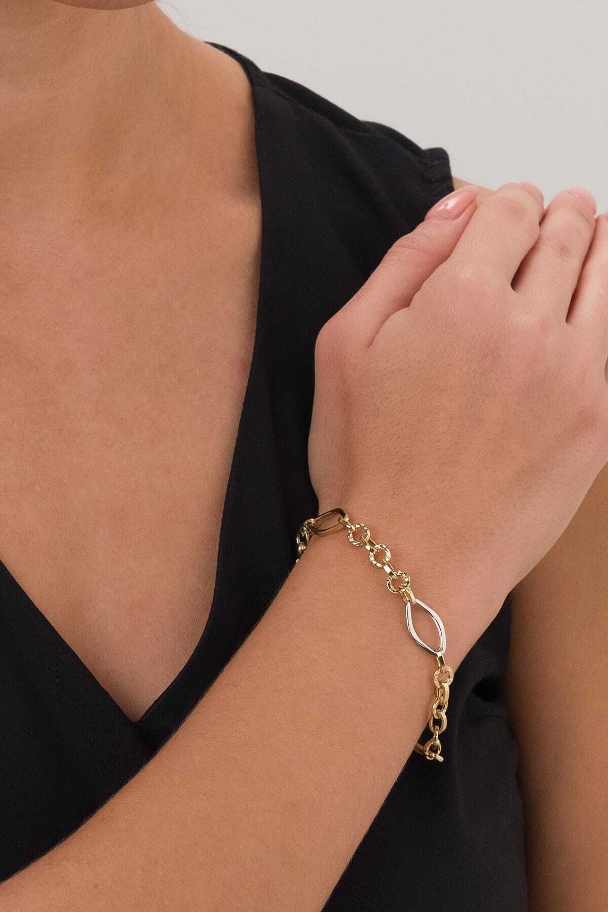 14K Gold Hallow Double Color Link Gold Bracelet