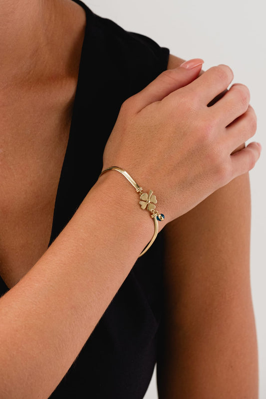 14 Ayar Nazar Süslü Yonca Balıksırtı Altın Bileklik