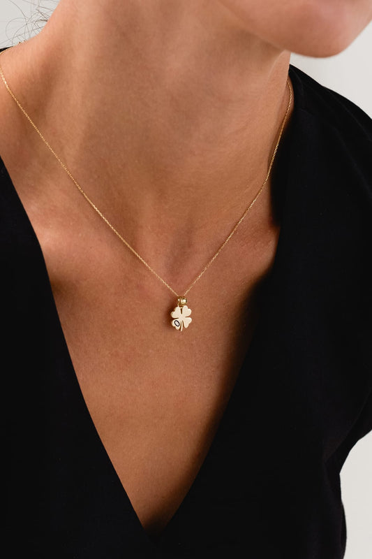 14 Ayar Mavi Mine Detaylı Yonca Altın Kolye