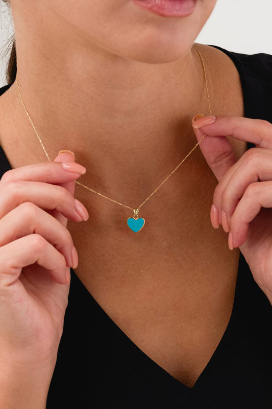 14 Ayar Mavi Mineli Kalpli Tasarım Altın Kolye