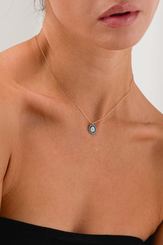 14 Ayar Nazar Boncuğu İşlemeli Altın Kolye