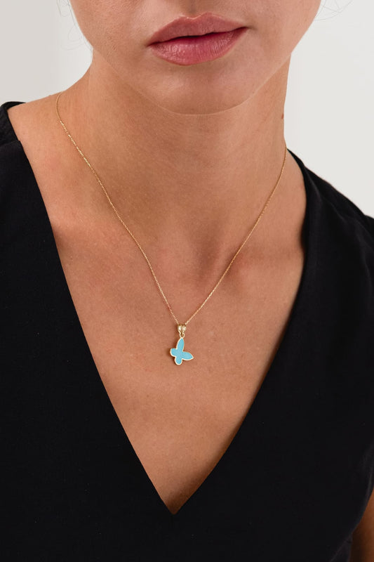 14 Ayar Mavi Mineli Kelebek Motifli Altın Kolye