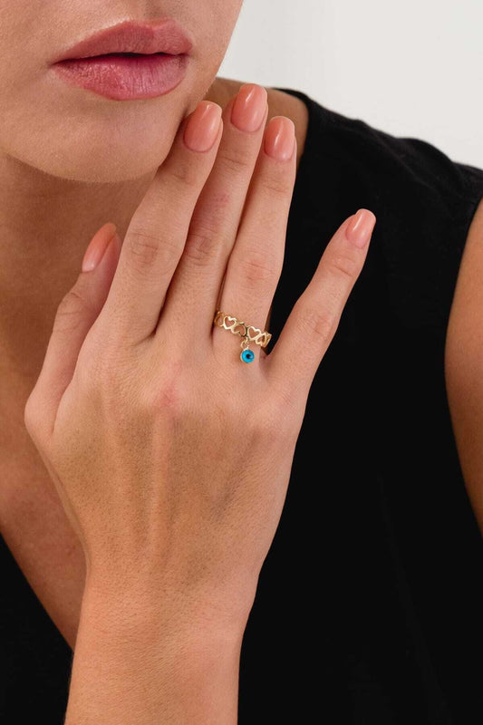 14 Carat Gold Heart Ring Evil Eye Beaded Heart Gold Ring