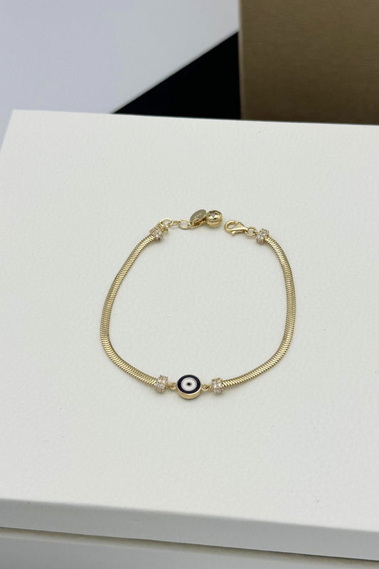 14K HERRINGBONE ENAMEL BRACELET WITH EVIL EYE BEADS