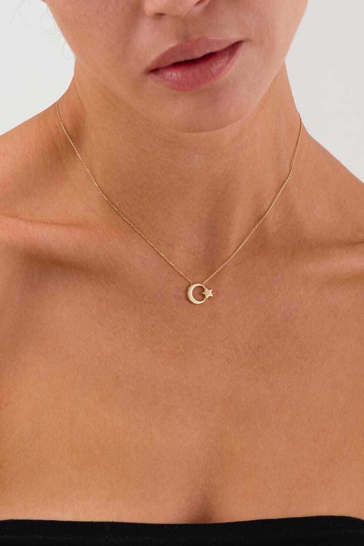14K Gold Crescent Star Turkish Flag Necklace
