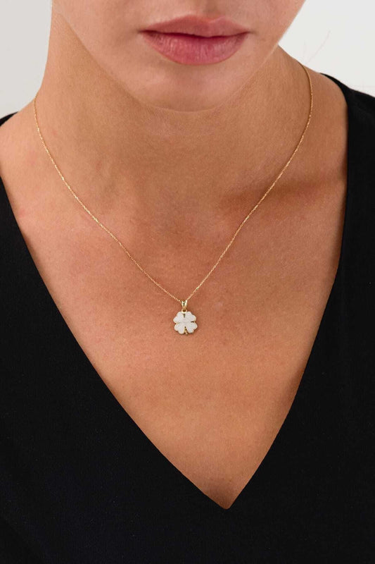 14K Gold White Enamel Clover Necklace Gold Luck Necklace with Clover
