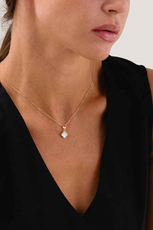 14K Gold Singapore Chain Mother of Pearl Stone Clover Necklace