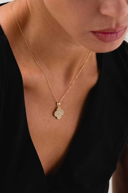 14K Gold Stone Clover Pendant Charm Necklace