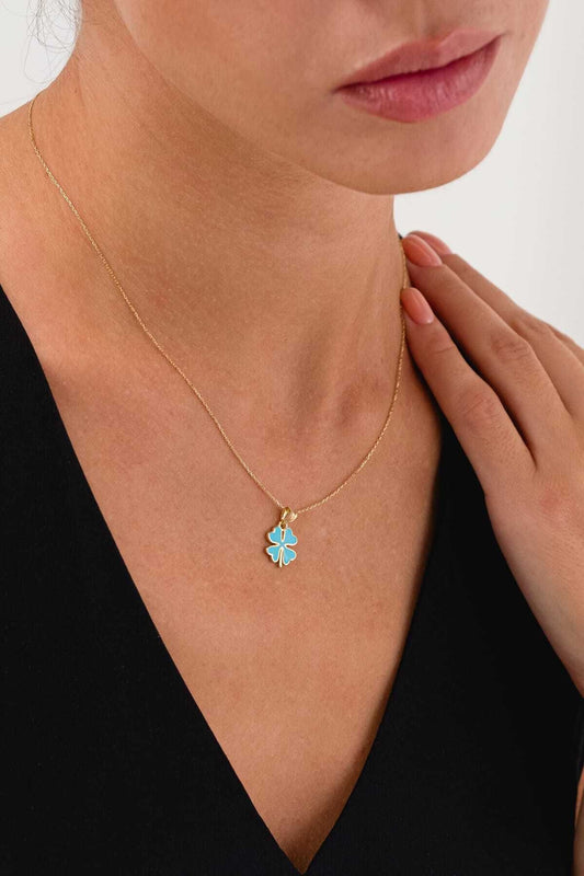 14K Clover Enameled Baby Blue Gold Necklace