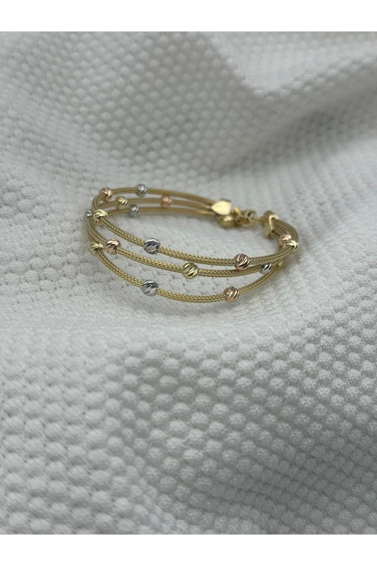 14 Carat Gold Dorika Ball Straw Bracelet Three Rows