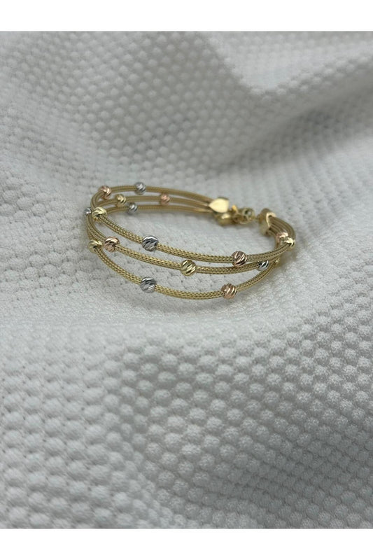 14 Carat Gold Dorika Ball Straw Bracelet Three Rows