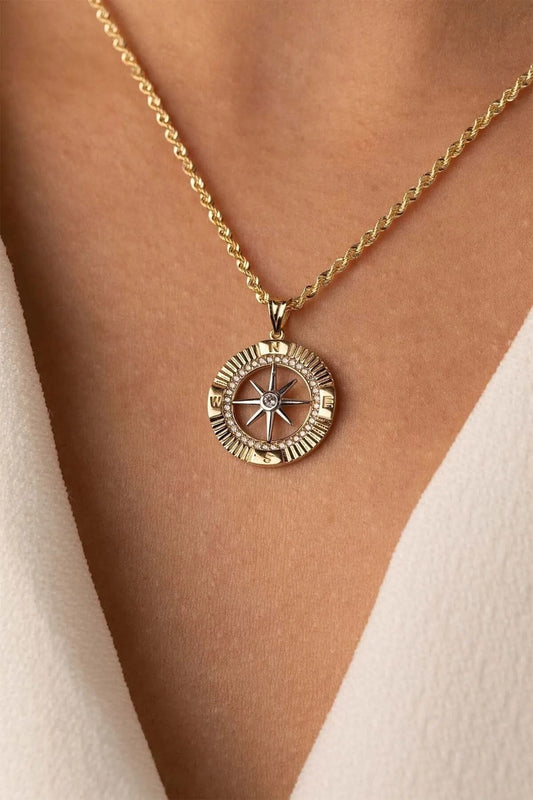 14K Gold Rope Chain Compass Necklace Women