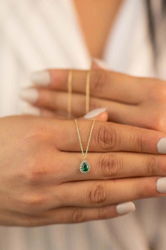 14K Gold Drop Emerald Green Necklace Women's Gold Necklace
