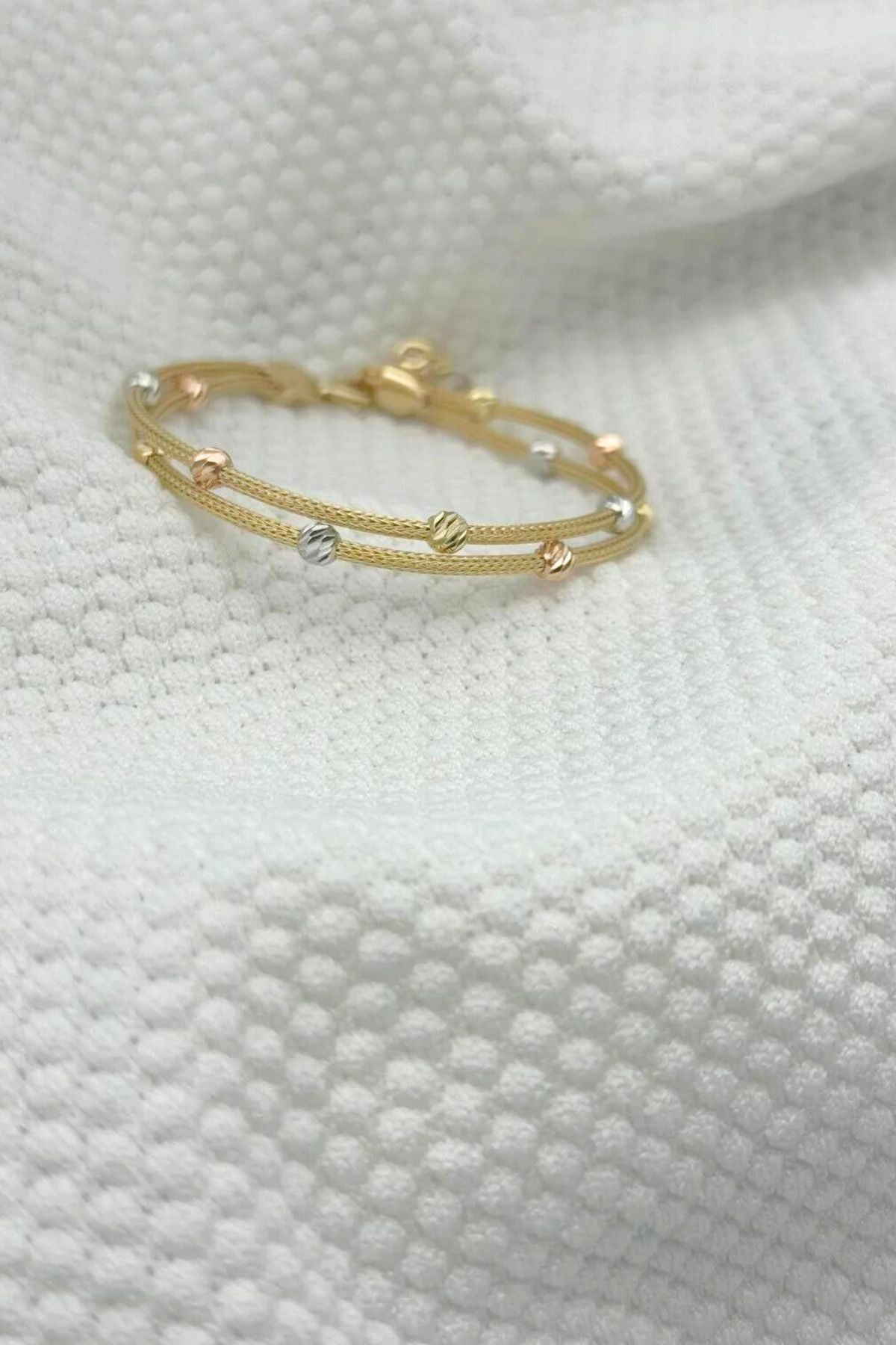 14 Carat Gold Dorika Ball Straw Tag Bracelet Two Rows