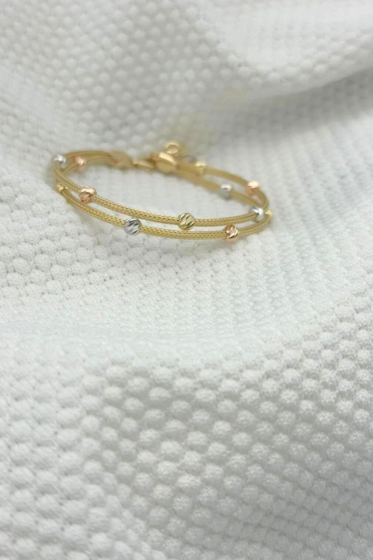 14 Carat Gold Dorika Ball Straw Tag Bracelet Two Rows
