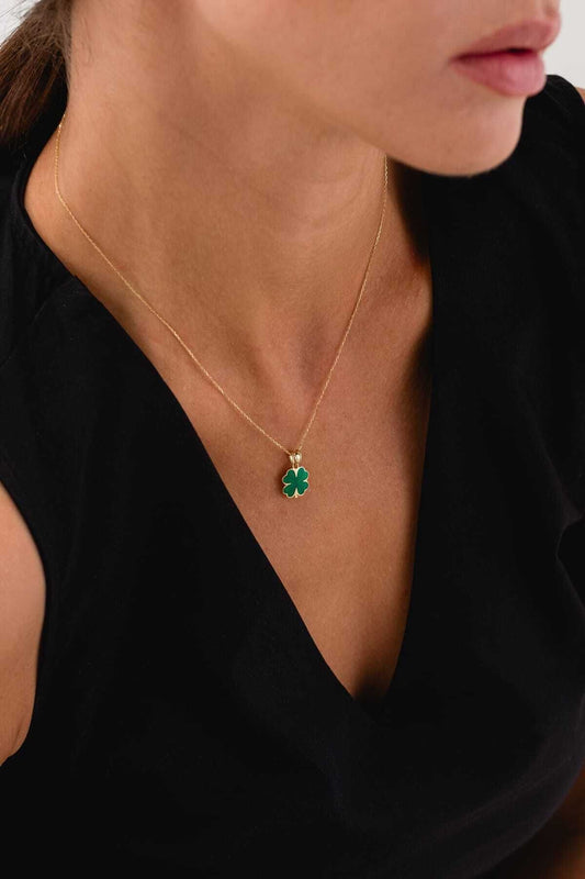14 Carat Green Enameled Clover Necklace Gold Necklace Luck