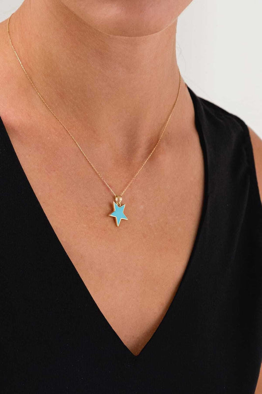 14K Gold Star Enamel Necklace Star Charm