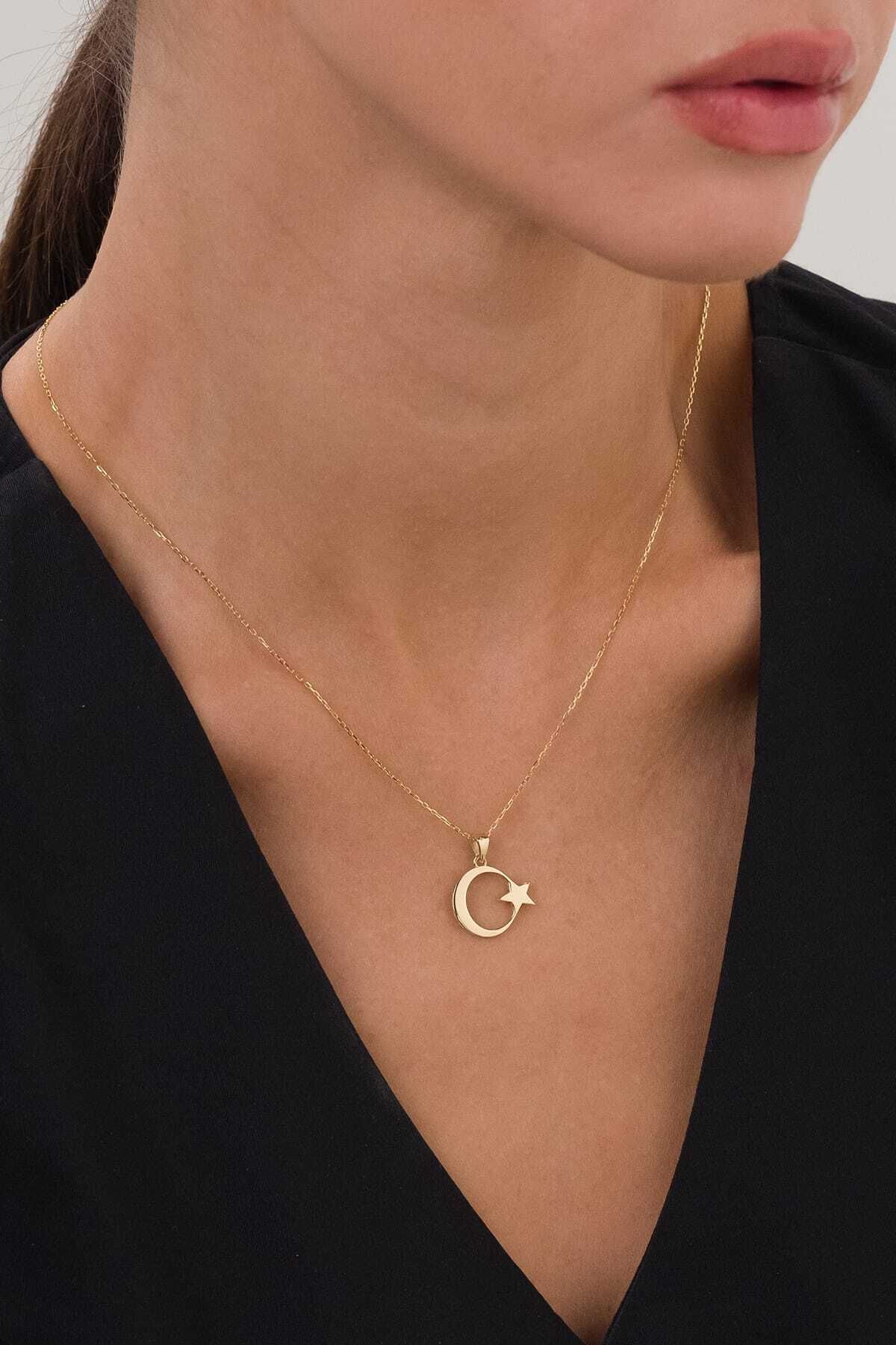 14 Carat Gold Crescent Star Turkish Flag Special Gold Necklace