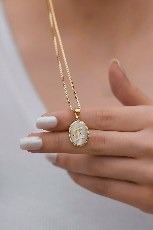14K Women's Italian Chain Mother of Pearl Gold Letter Necklace