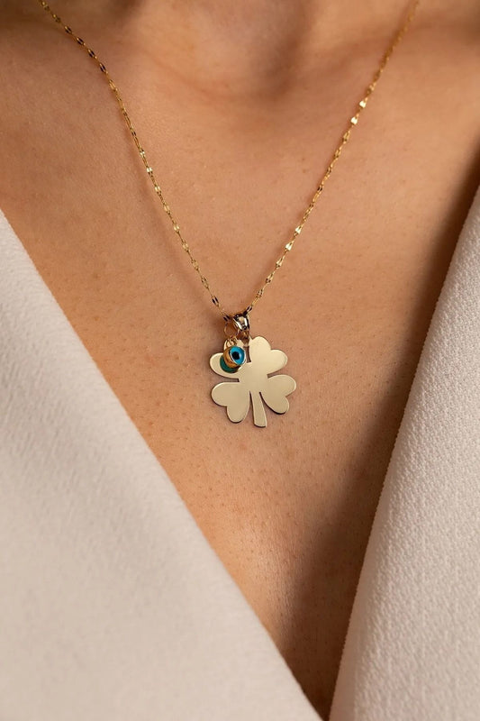 14K Gold Thin Italian Mirrored Clover Necklace